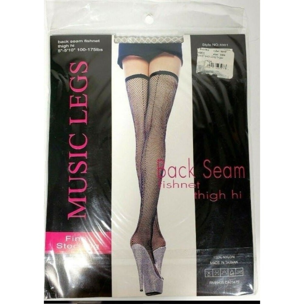 Thigh Hi Fishnet Stockings Back Seam White Nylon 5'-5'10 175 lbs. Music Legs
